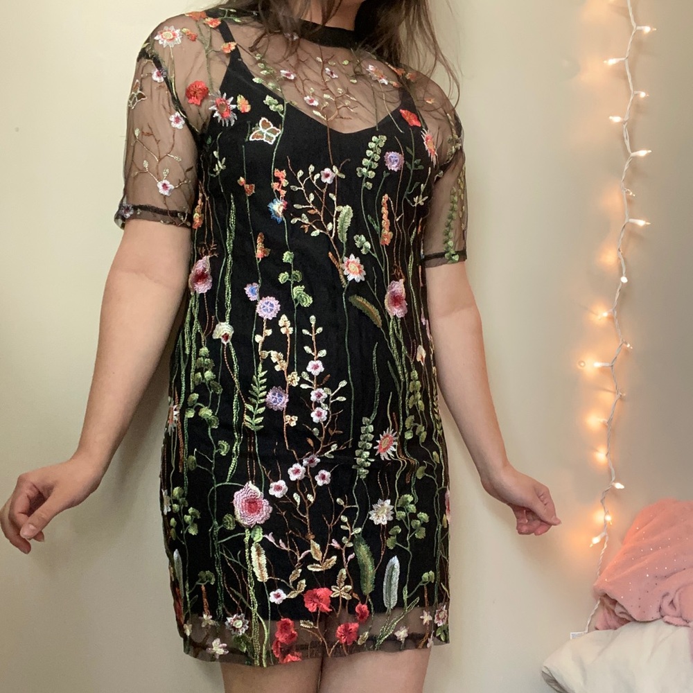 Two Piece Floral Net Lace Dress Black
